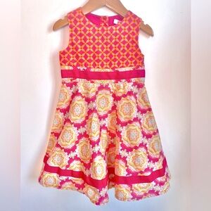 Lily Wicket Vibrant Patterned Summer Sleeveless Dress, Fit & Flare, Orange Pink